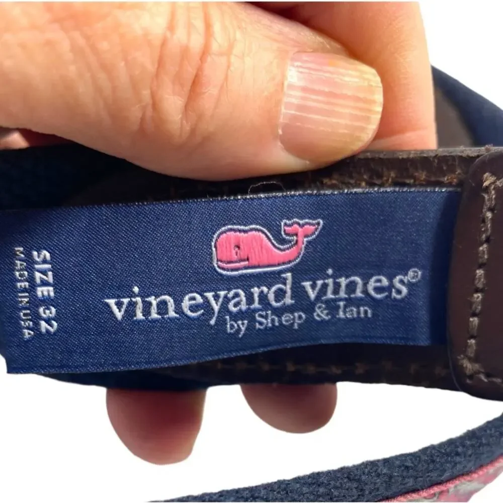 Vineyard Vines Navy Pink Brown Lther Strap Brass Buckle Whale Print Size 32 Belt